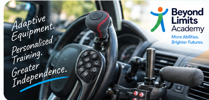 Beyond Limits Academy adaptive equipment panel: personalised training and greater independence, showing steering grips and adapted controls