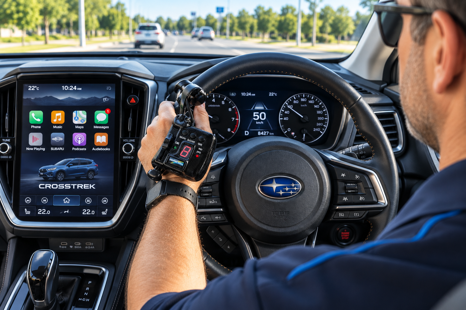 Illustration of an adapted steering control inside a right-hand-drive Subaru