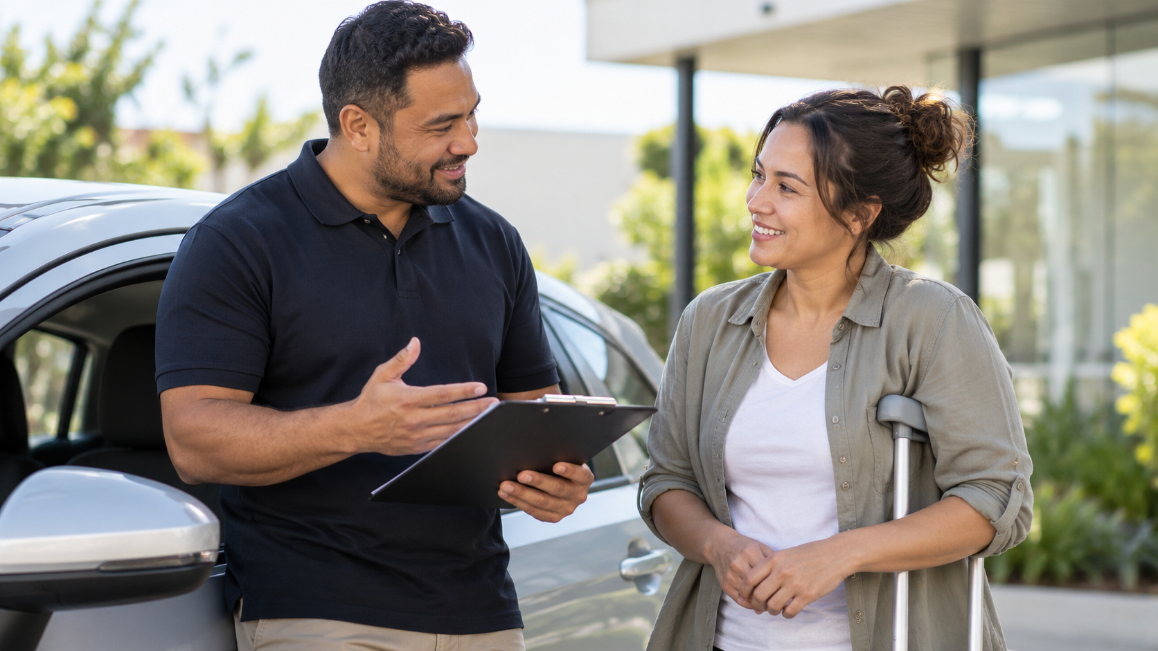 Woman using a walking aid speaking with a driving support professional beside a car